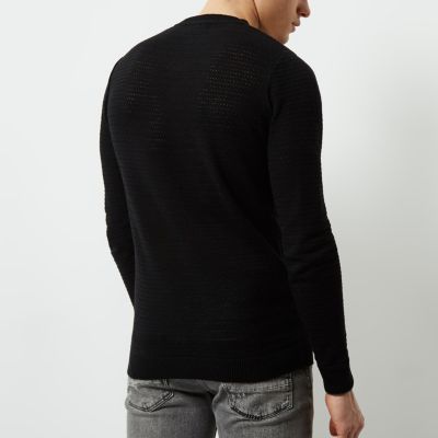 Black textured knit V neck slim fit jumper